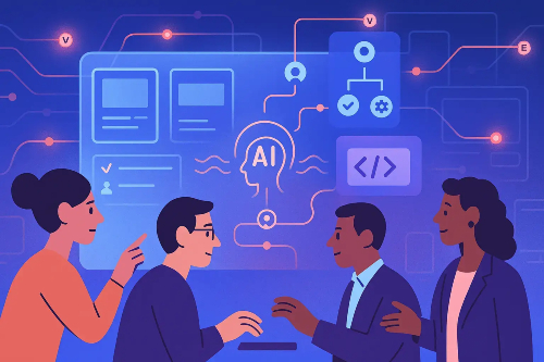Illustration of four people discussing and testing AI functioning. Credit: aqua