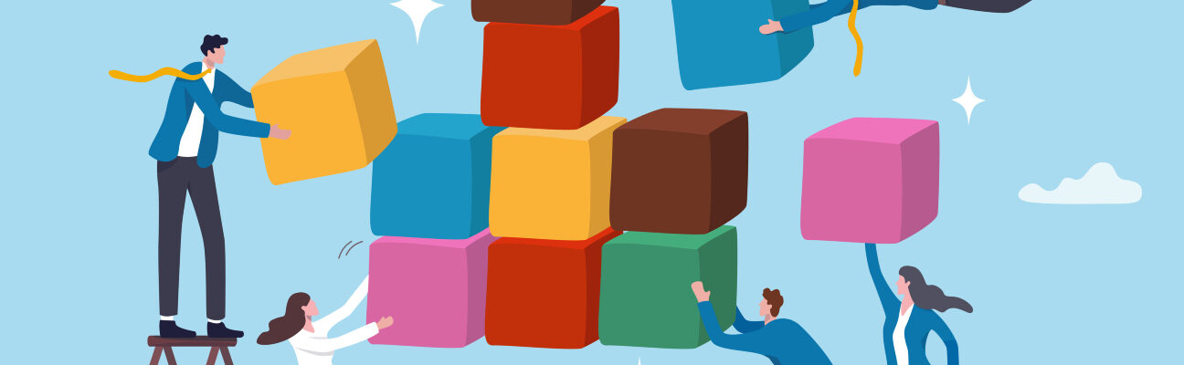 Illustration of people collaboratively stacking colourful blocks to build a structure.