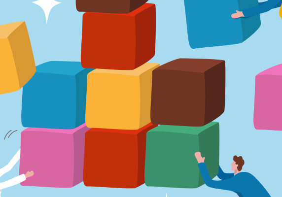 Illustration of people collaboratively stacking colourful blocks to build a structure.